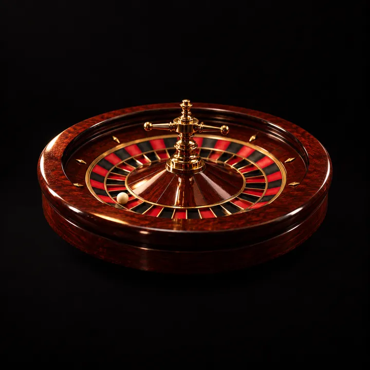 Rueda de ruleta de madera con la bola en una casilla (imagen generada con AI)